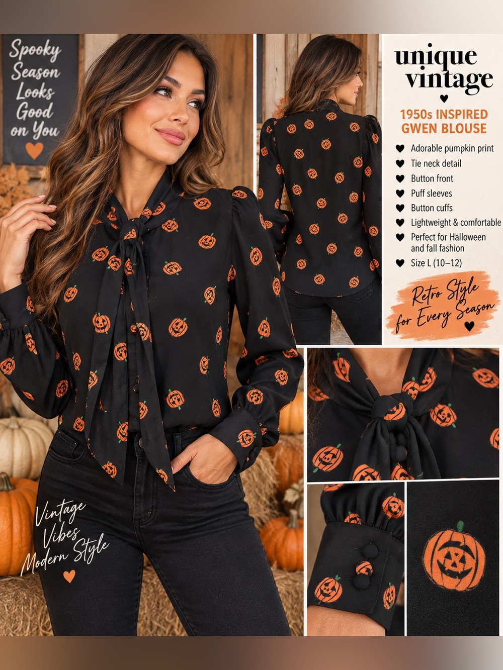 Unique Vintage Black Pumpkin Gwen Blouse L 10-12 Halloween Retro 1950s Tie Neck